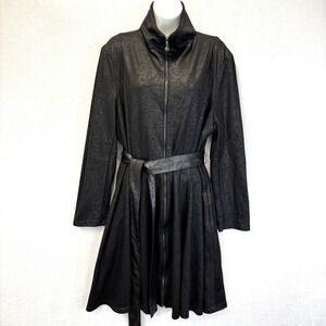 Samuel Dong Belted Knit Coat Womens XL Black Zip Up Stretch Mid Length Office